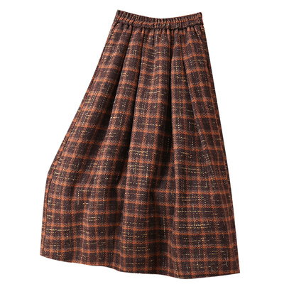 爆款！咖色加厚毛呢格子半身裙