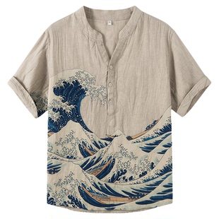 V-neck buckle printed pullover T-shirt宽松V领系扣印花套头T恤