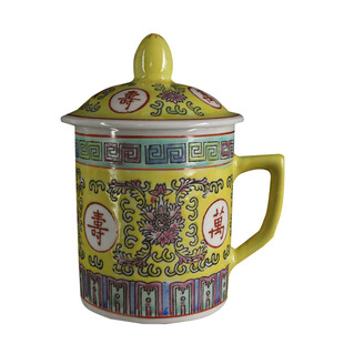景德镇厂货陶瓷器粉彩手绘绿万寿无疆直筒茶盖杯老板杯办公杯会议