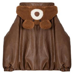 KEIKO 复古棕色连帽皮衣棉服女冬季蓄热毛绒内里加厚保暖皮面外套