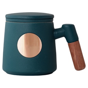 创意礼品陶瓷铜章办公马克杯带盖带过滤粗陶茶水分离杯子刻字水杯