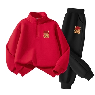 拉夏贝尔女童红色套装2026马年男童12岁本命年拜年服儿童加绒卫衣