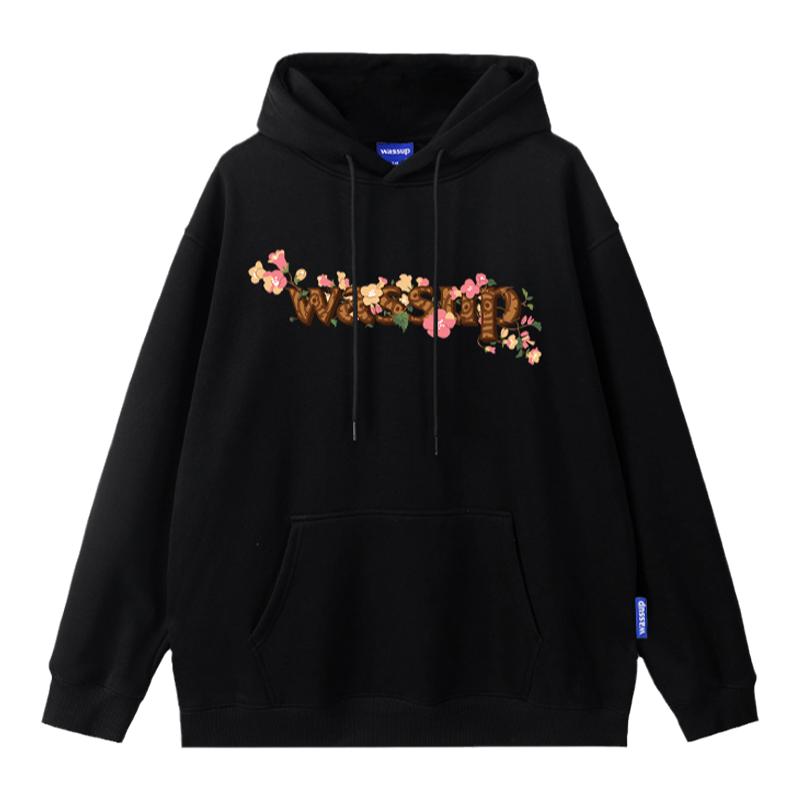 WASSUP花朵缠绕字母连帽卫衣男士秋冬美式街头情侣国潮牌套头上衣