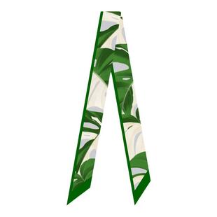 设计师复古手绘植物热植黄锦白锦龟背竹飘带丝带长窄丝巾发带领巾