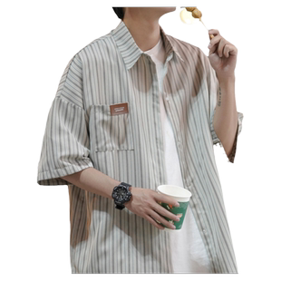 条纹衬衫男款夏天新款衬衣港风复古男装潮牌短袖宽松衣服休闲外套
