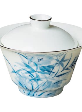里作 青花手绘盖碗茶杯描白金主人杯沏茶泡茶碗高端陶瓷功夫茶具