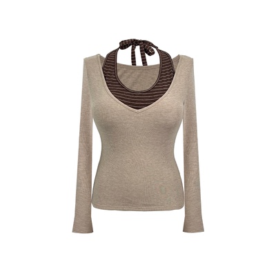 Babes【春日暖阳】大码辣妹性感显瘦绑带修身显瘦条纹拼接套装女