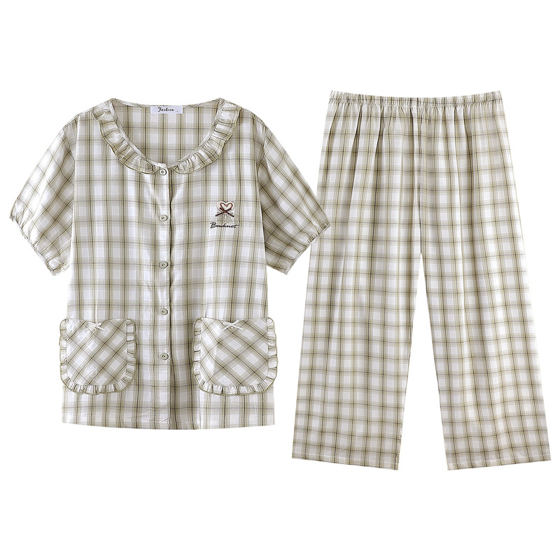 夏季纯棉开衫短袖女睡衣套装