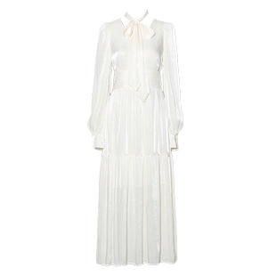 DPLAY2025秋季气质法式白色连衣裙女独特飘带沙滩裙子长袖长裙