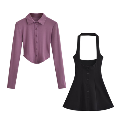 单排扣长袖T恤挂脖连衣裙套装