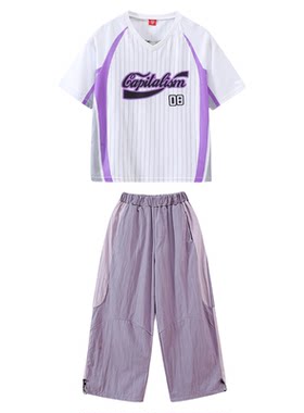 男女童嘻哈街舞演出服紫色裤夏季