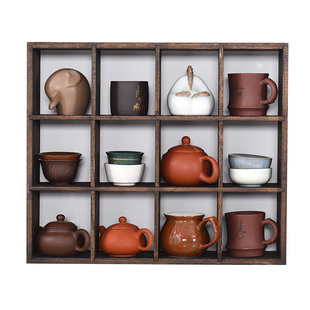 茶棚小摆件实木功夫茶杯架收纳置物架壁挂12格架多宝格博古展示架
