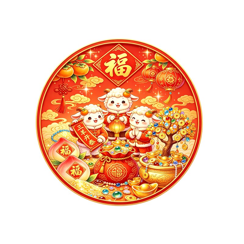 卡通三羊开泰墙贴圆形福贴画摇钱树寿桃新春门窗生肖自粘防水贴纸
