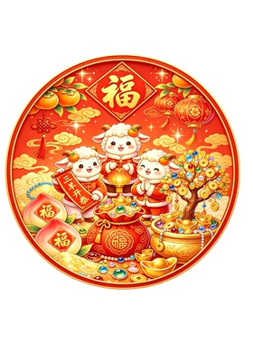 卡通三羊开泰墙贴圆形福贴画摇钱树寿桃新春门窗生肖自粘防水贴纸