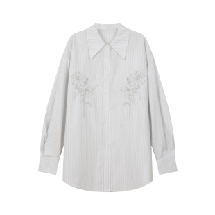 BLUEerror 立体花朵刺绣纯棉条纹衬衫女宽松白色翻领长袖衬衣早秋