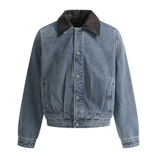 MRNEARLY美式复古拼接皮领牛仔外套男cleanfit宽松捏褶痞帅夹克潮