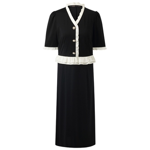 歌莉娅黑色连衣裙设计感夏季荷叶边拼接针织小黑裙1C4R4H5J0