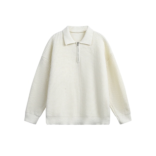 男士白色翻领半拉链针织衫男款2026新款秋冬毛衣男外套加厚慵懒风