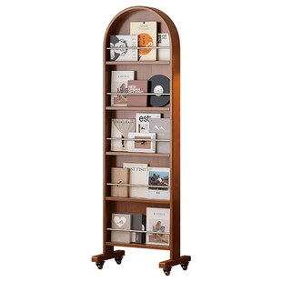 中古风实木全身镜家用落地镜可移动旋转穿衣镜杂志架储物一体镜子