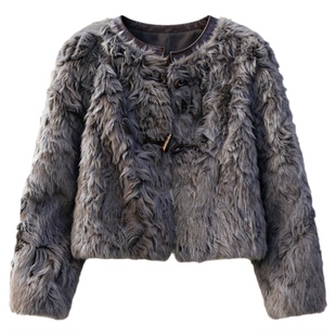 Basic House/百家好灰色圆领环保皮草女士春季加厚短款毛茸茸外套