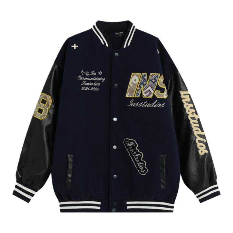 【INSKR】国潮牌情侣美式编织贴布刺绣LOGO棒球服夹棉夹克外套男