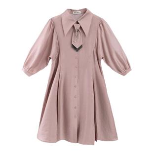 PIT复古设计感莱赛尔透气短袖连衣裙女粉色2025春新款泡泡袖裙子