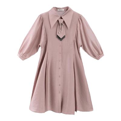 PIT复古设计感莱赛尔透气短袖连衣裙女粉色2025春新款泡泡袖裙子