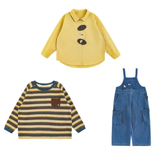 幼悠男童2026春秋新款长袖条纹插肩袖t恤全棉衬衫牛仔背带裤套装