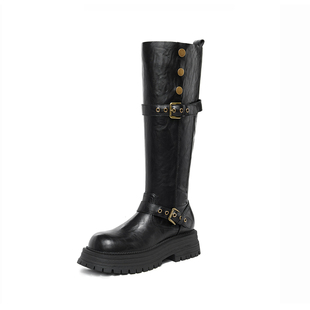 牛皮版~真皮厚底美拉德长筒靴女2026新款早秋复古增高筒骑士靴子