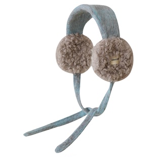 韩系高颜值蓝色耳罩冬季毛绒绒拼色软骨耳暖户外骑车保暖系带耳包