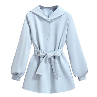 奶蓝色小香风连帽风衣外套女2026早春秋季新款中长款收腰显瘦夹克
