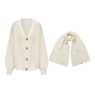 [甄选7折]NanaJacqueline冰岛毛钻扣开衫外套带围巾宽松温柔减龄