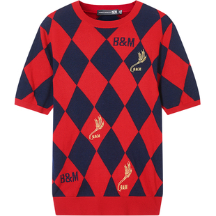 BM男士高端短袖针织羊毛衫菱格毛衣男韩版潮流个性刺绣修身休闲秋