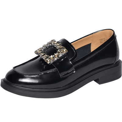 REEMOOR睿慕2025冬新款水钻方扣乐福鞋粗跟厚底增高一脚蹬女鞋