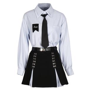 现货即发【蓝色苏打】蓝黑设计感拼接衬衫学院外套春秋长裤情侣