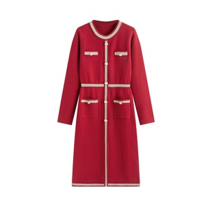 高端裙子新款长袖高级感秋冬装小香风红色长袖圆领针织连衣裙女