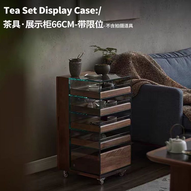 黑胡桃木茶具收纳玻璃展示柜实木茶水柜移动茶桌边柜茶台置物架
