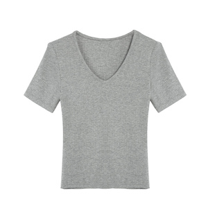 ousph【现货4折】黑色V领短袖t恤女修身显瘦休闲正肩针织上衣