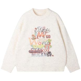 MUCMUKN【魔法涂鸦】美丽诺羊毛混纺毛衣手绘风印花抗起球男童冬