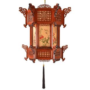 中式实木六角宫灯大红灯笼山水画吊灯大门寺庙祠堂中国风仿古木质