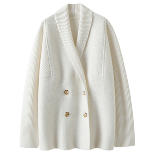 启超原版！气质加身~白色廓形双排扣100%纯山羊绒开衫女外套毛衣
