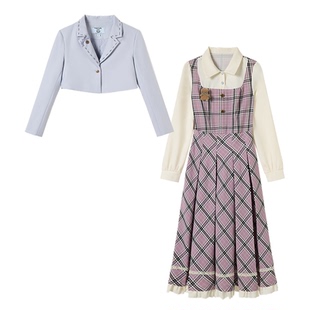 织物猪 芋泥可可 学院风格纹假两件连衣裙女秋长袖拼接百褶长裙