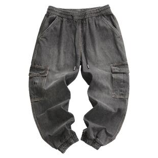 美式复古工装牛仔裤男宽松大码加肥300斤胖子百搭休闲水洗束脚裤