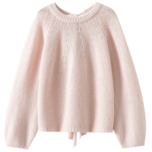 错过后悔啊~后飘带蝴蝶结100%纯山羊绒衫女圆领纯羊绒毛衣宽松