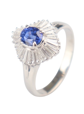 中古95新日本进口商品椭圆型切工蓝宝石群镶钻石戒指铂金90055号