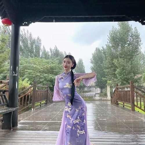 演出旗袍新款国风古典舞蹈专用弹力身韵练功演出服拼接旗袍喇叭袖