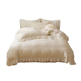 冬季法式床盖雕花牛奶绒加厚四件套双面绒加绒珊瑚绒蕾丝花边被套