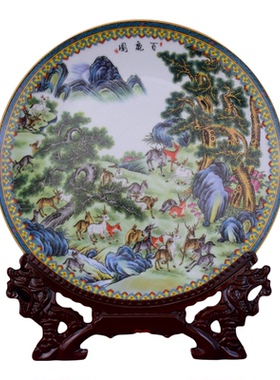 百鹿图摆件景德镇陶瓷赏盘看盘办公室中国风礼品家居客厅玄关装饰