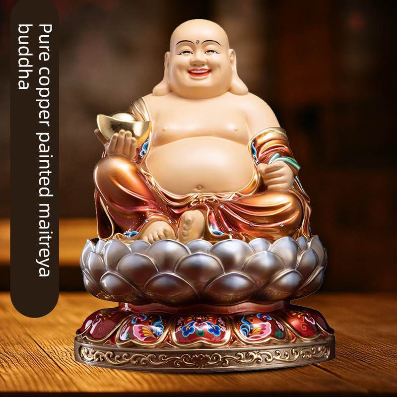 纯铜彩绘弥勒佛菩萨大肚笑佛招财摆件家用供奉佛堂弥勒佛佛像摆件