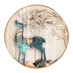 进门圆形抽象麋鹿风景玄关背景墙装饰画晶瓷画福禄双全新中式挂画